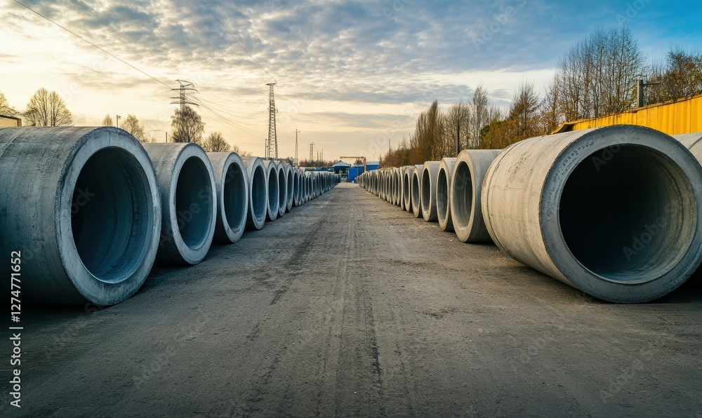 Rows of large concrete pipes stored in an outdoor industrial yard, industrial storage, construction materials logistics Rows of large concrete pipes stored in an outdoor industrial yard, industrial storage, construction materials logistics