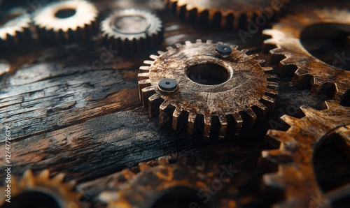 Close-up of raw metallic gears placed neatly on a wooden table, symbolizing engineering and craftsmanship