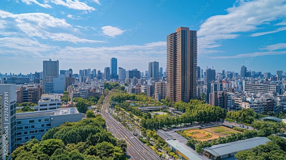 Obraz premium Cityscape Embraces Green Spaces and Modern Architecture Under Blue Sky with Urban Harmony.