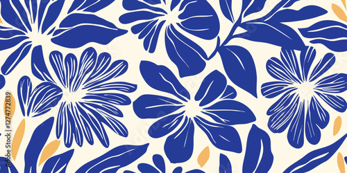 Abstract blue flower art seamless pattern, Trendy contemporary floral nature shape background illustration. Natural organic plant leaves artwork wallpaper print, Vintage spring texture