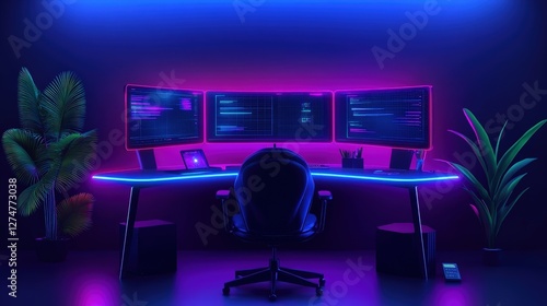 A sleek gaming setup featuring multiple monitors illuminated with vibrant neon lights. The ergonomic chair complements the modern desk, creating an inviting and dynamic workspace. photo