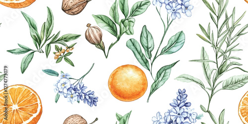 Citrus fruits seamless vector pattern with spices and herbs on white background, floral background in vintage style. Spring season decoration texture, drawing print