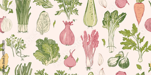 Seamless background pattern of organic farm fresh vegetables, vector print, Agriculture plants, Contemporary art of healthy, natural, organic products. Flat vector illustration