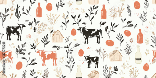 Seamless pattern with cow milk and plant on white background for fabric, children textile, apparel, nursery decoration, gift wrap paper. Vector illustration