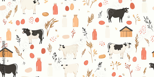 Seamless pattern with cow milk and plant on white background for fabric, children textile, apparel, nursery decoration, gift wrap paper. Vector illustration