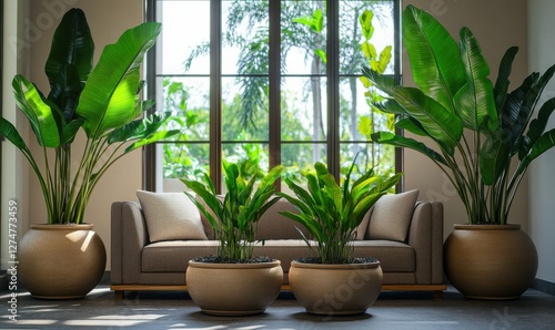 Elegantly decorated living room filled with subtle natural hues, wooden accents, and large potted plants enhancing relaxed earthy atmospher photo