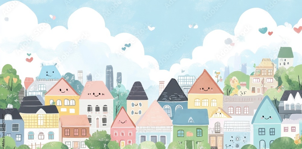 Charming cartoon townscape featuring smiling buildings under a cloudy sky Charming cartoon townscape featuring smiling buildings under a cloudy sky