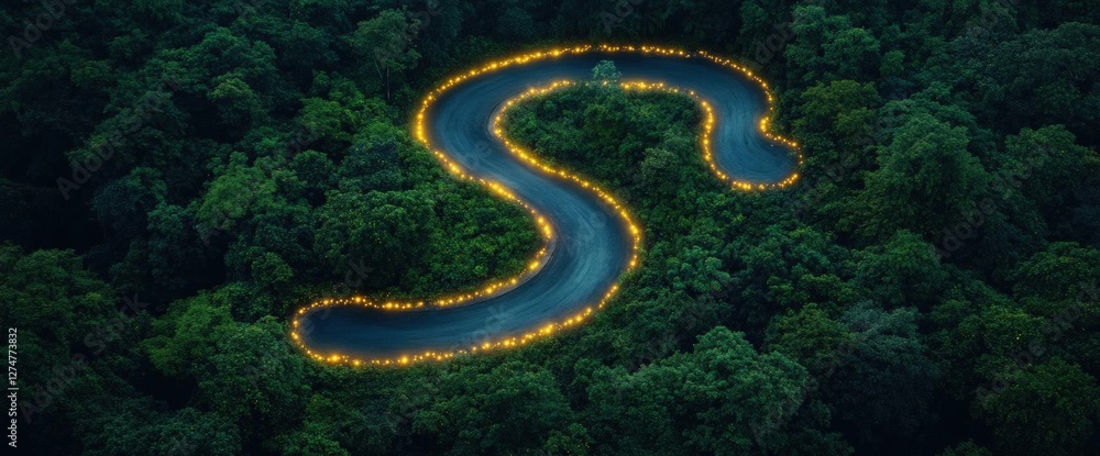 Illuminated Winding Road Through Dark Forest