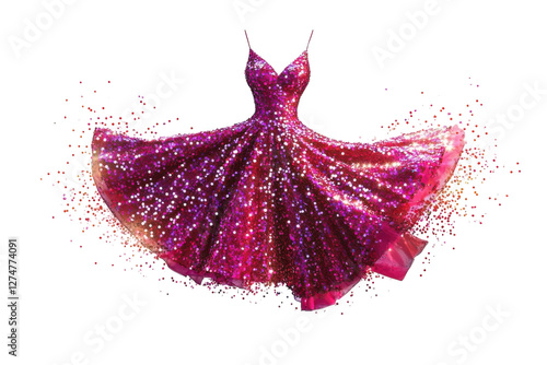 A dazzling pink glitter dress twirls in a magical display of shimmering particles at dusk isolated on transparent background
