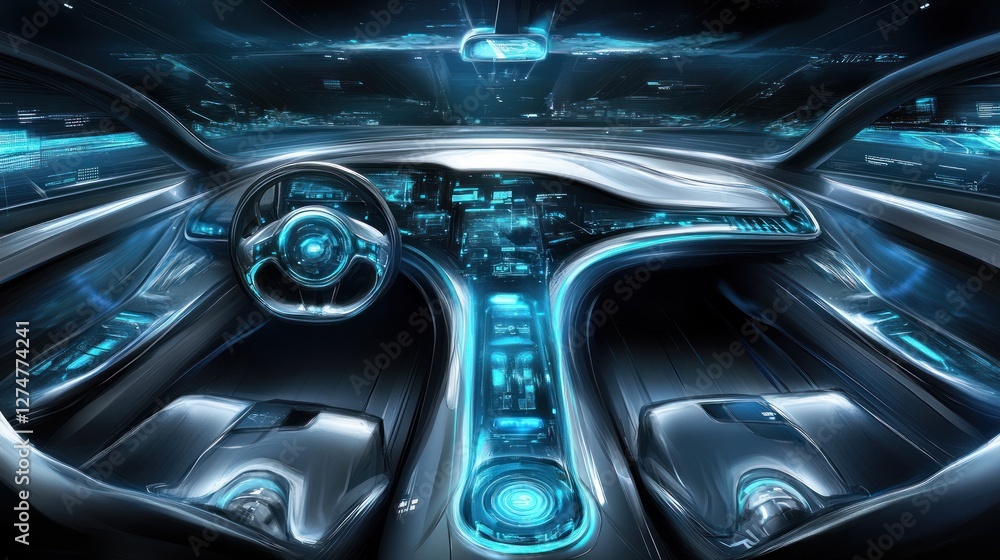 Futuristic car interior, night city drive Futuristic car interior, night city drive