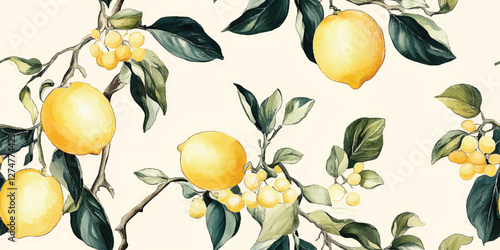 Lemon fruits tropical summer Vintage seamless vector pattern with watercolor style illustration