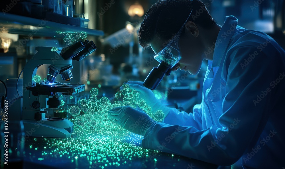 Doctor examining glowing cells under a microscope, vibrant blue and green hues highlighting advanced research, bright sterile lab environment, medical innovation theme Doctor examining glowing cells under a microscope, vibrant blue and green hues highlighting advanced research, bright sterile lab environment, medical innovation theme