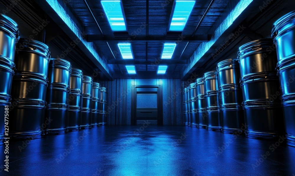 Fototapeta premium Industrial storage room with metal barrels, illuminated with blue lighting.