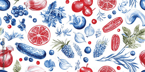 Seamless blue red watercolor pattern of vegetables and fruits on white background, perfect for food related designs and backgrounds