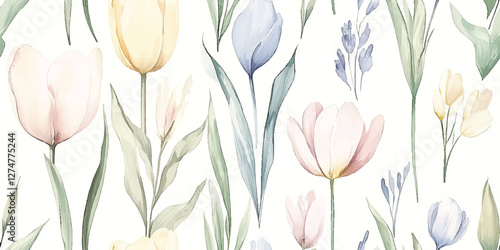 Wallpaper Mural Pastel watercolor tulips combined with beige blue yellow flowers in a seamless pattern ideal for textile designs and home decor Torontodigital.ca