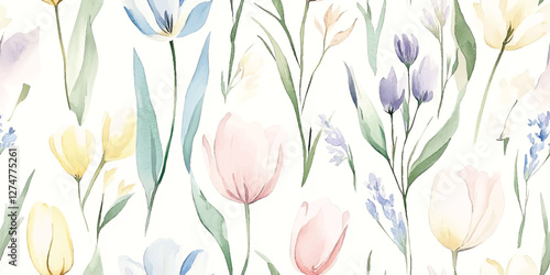 Pastel watercolor tulips combined with beige blue yellow flowers in a seamless pattern ideal for textile designs and home decor