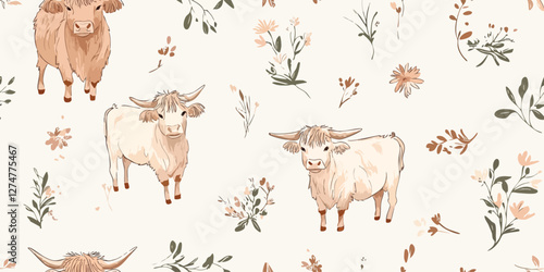Farm animal seamless pattern. Cows, countryside hand drawn watercolor illustration. Summer design for textile, wallpaper, fabric, wrapping paper