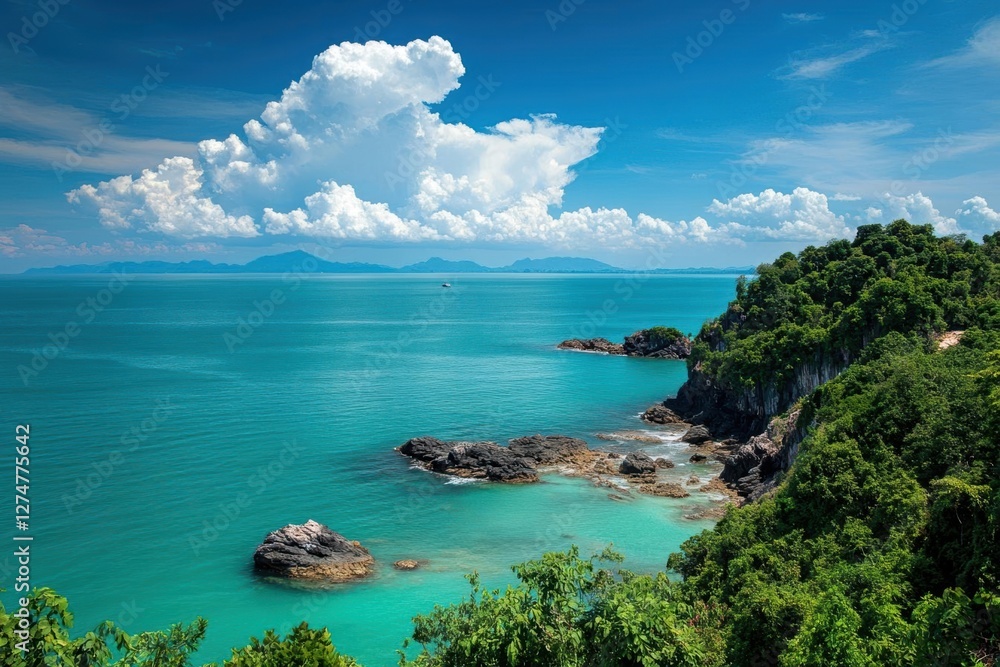 Fototapeta premium Tropical Ocean Meets Lush Cliffside with Distant Islands, Summer Vacation Spot.