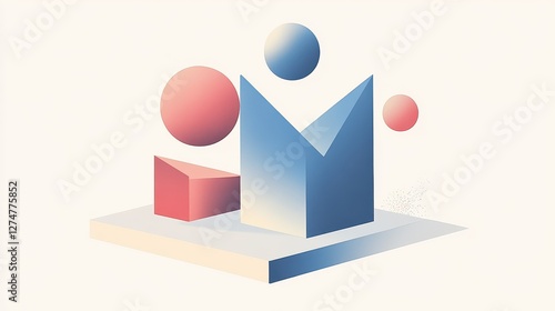 Geometric shapes arranged artfully on a platform with soft gradient