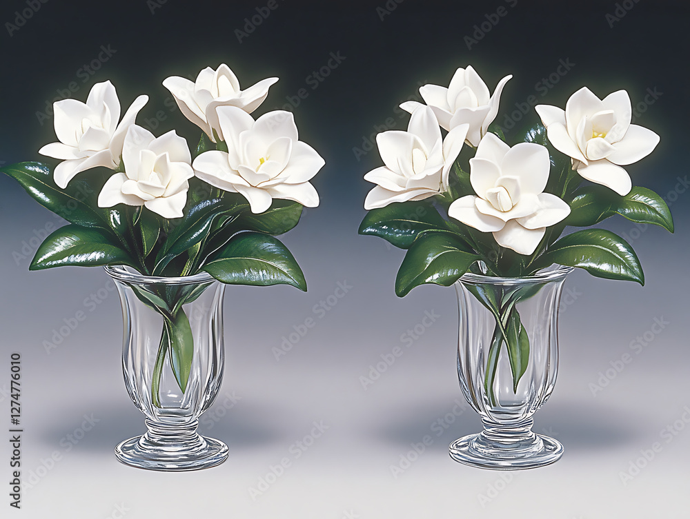 Two crystal vases display elegant arrangements of white blossoms with glossy green leaves against a gradient background. Two crystal vases display elegant arrangements of white blossoms with glossy green leaves against a gradient background.