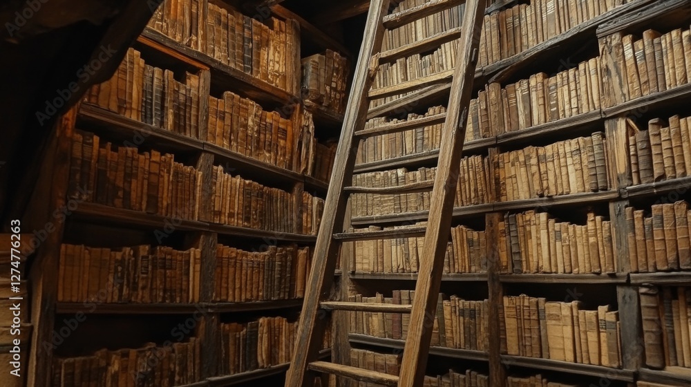 Obraz premium Old books stacked high on wooden shelves, antique library, ladder. Possible use Historical, educational background