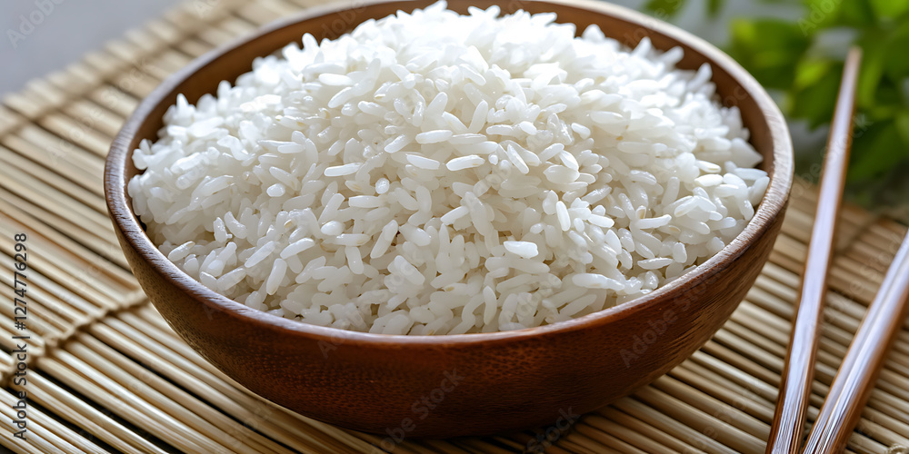 Steaming white rice fills a wooden bowl resting on a bamboo mat alongside traditional chopsticks. Steaming white rice fills a wooden bowl resting on a bamboo mat alongside traditional chopsticks.