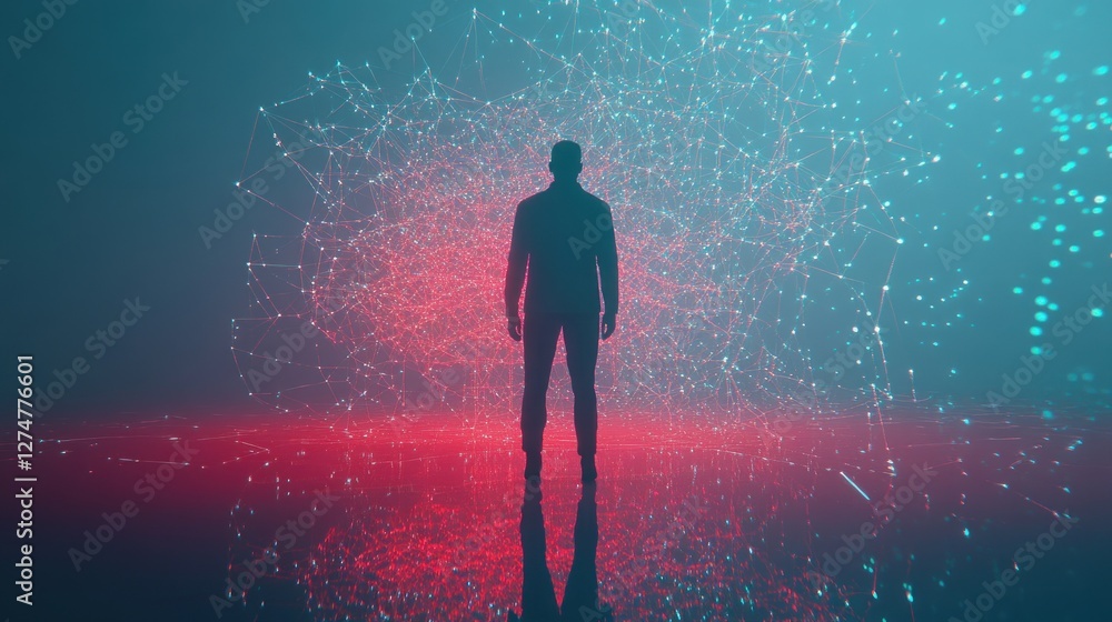 Fototapeta premium Man stands in digital network, red ground