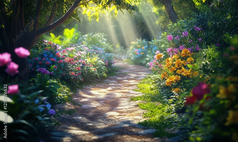 Fototapeta premium Peaceful garden path lined with vibrant flowers and lush greenery, sunlight filtering through the leaves creating dappled light pattern