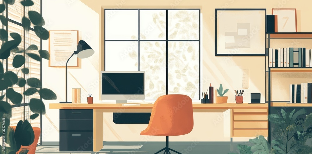 A cozy workspace with plants bright window and artwork A cozy workspace with plants bright window and artwork