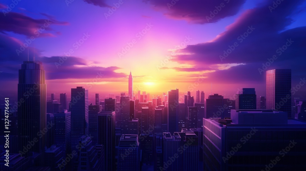 Fototapeta premium A stunning city skyline at sunset, showcasing skyscrapers silhouetted against a vibrant purple and orange sky. The atmosphere exudes tranquility and urban charm.