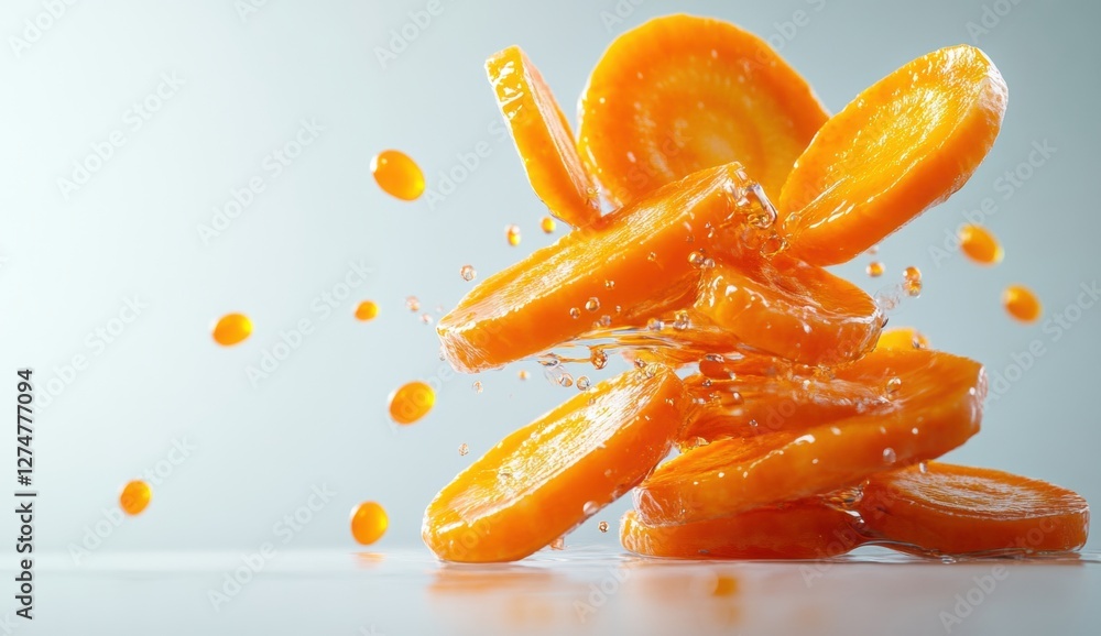 Fresh Carrot Slices Splashing in Bright Water Against a Light Background Fresh Carrot Slices Splashing in Bright Water Against a Light Background