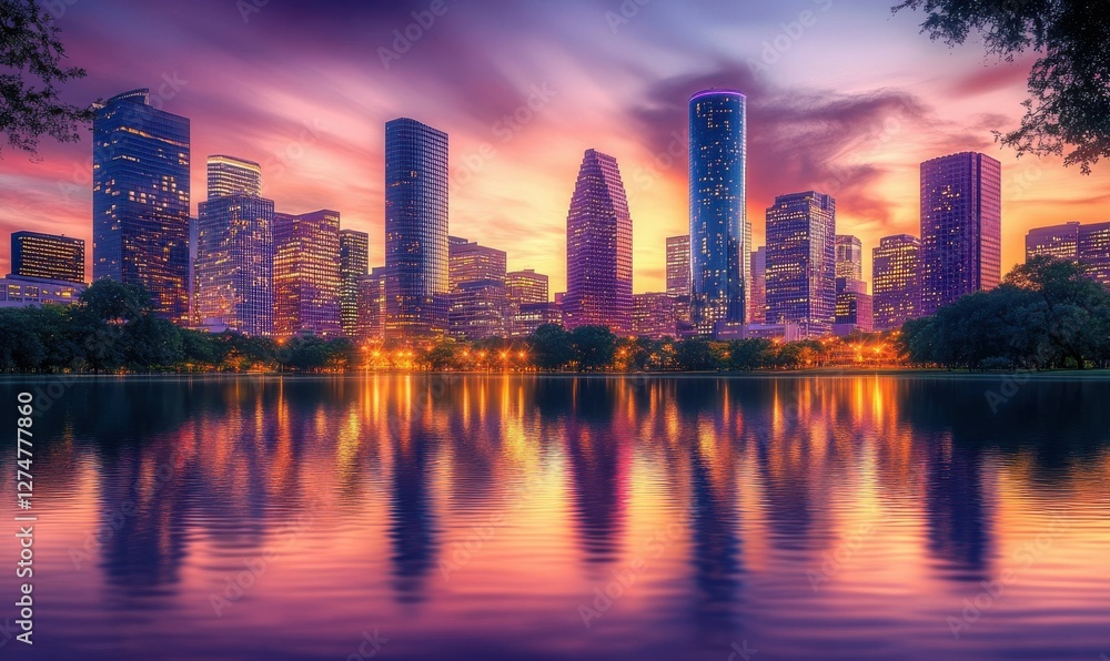 Modern urban skyline at dusk, with skyscrapers reflecting the orange and purple hues of the setting sun and city lights beginning to twinkle. Modern urban skyline at dusk, with skyscrapers reflecting the orange and purple hues of the setting sun and city lights beginning to twinkle.
