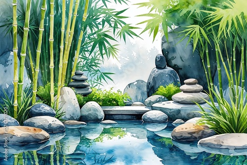 Tranquil Zen Garden Watercolor Vector Design Featuring Stones and Bamboo