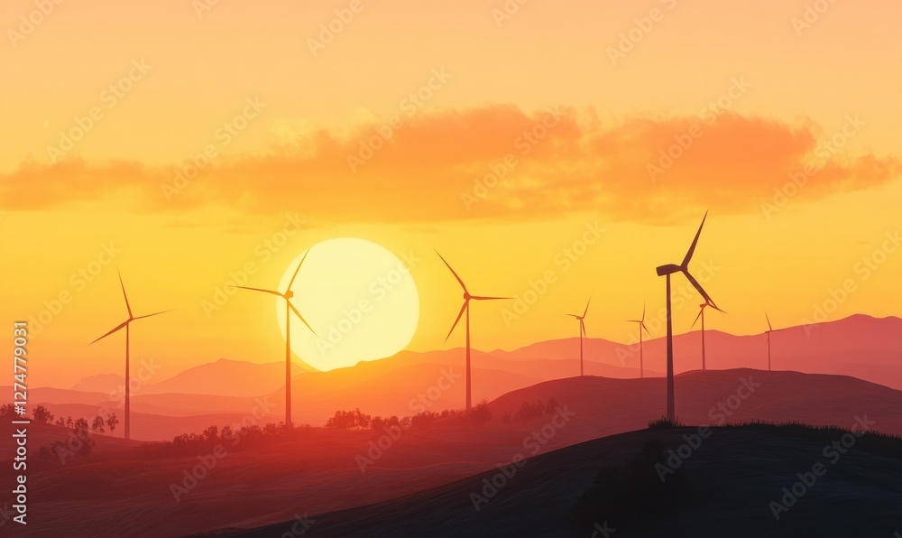 Obraz premium Scenic shot of wind turbines silhouetted against a bright orange sunset, symbolizing clean energy solutions.