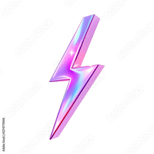 Holographic 3D Metallic Lightning Bolt Icon with Iridescent Energy Render and Lightning Effects on Transparent Background