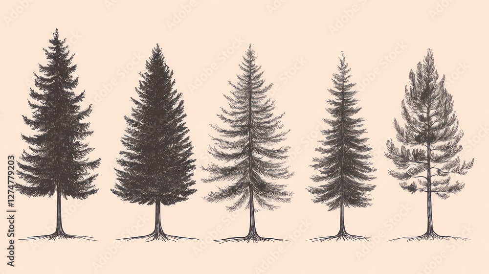 Obraz premium Five sketched conifers, pale background, design