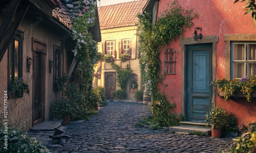 Scenic street view of a quiet European village with cobblestone paths and colorful houses, soft light enhancing the nostalgic char. Scenic street view of a quiet European village with cobblestone paths and colorful houses, soft light enhancing the nostalgic char.