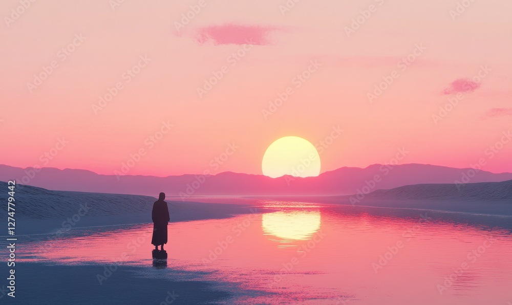 Scenic sunset at a beach with a silhouette of a person standing by the water, soft pink and orange hues blending into the horizo. Scenic sunset at a beach with a silhouette of a person standing by the water, soft pink and orange hues blending into the horizo.