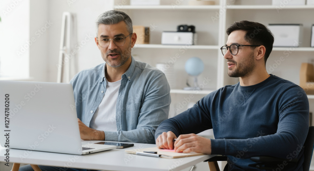 Two men are sitting at a table with a laptop in front of them Two men are sitting at a table with a laptop in front of them