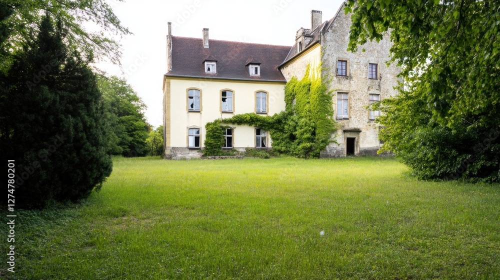 Fototapeta premium Ruins of a baroque mansion, enveloped by ivy and lush greenery, evoke a deep sense of history and the beauty of neglect in natural light