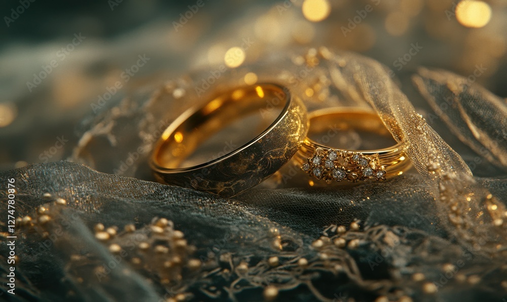 Close-up of two golden wedding rings resting on a delicate lace fabric, soft bokeh in the background enhancing the romantic vib Close-up of two golden wedding rings resting on a delicate lace fabric, soft bokeh in the background enhancing the romantic vib