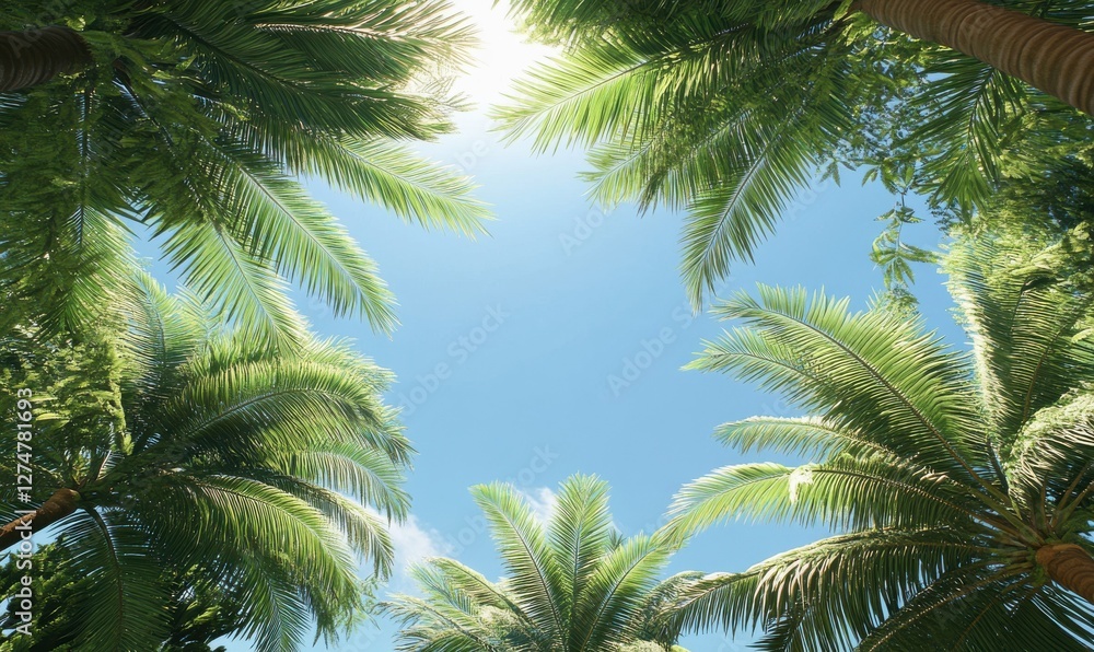 Lush green palm tree leaves stretching toward a clear blue sky, creating a tropical escape and tranquil vacation vibe. Lush green palm tree leaves stretching toward a clear blue sky, creating a tropical escape and tranquil vacation vibe.