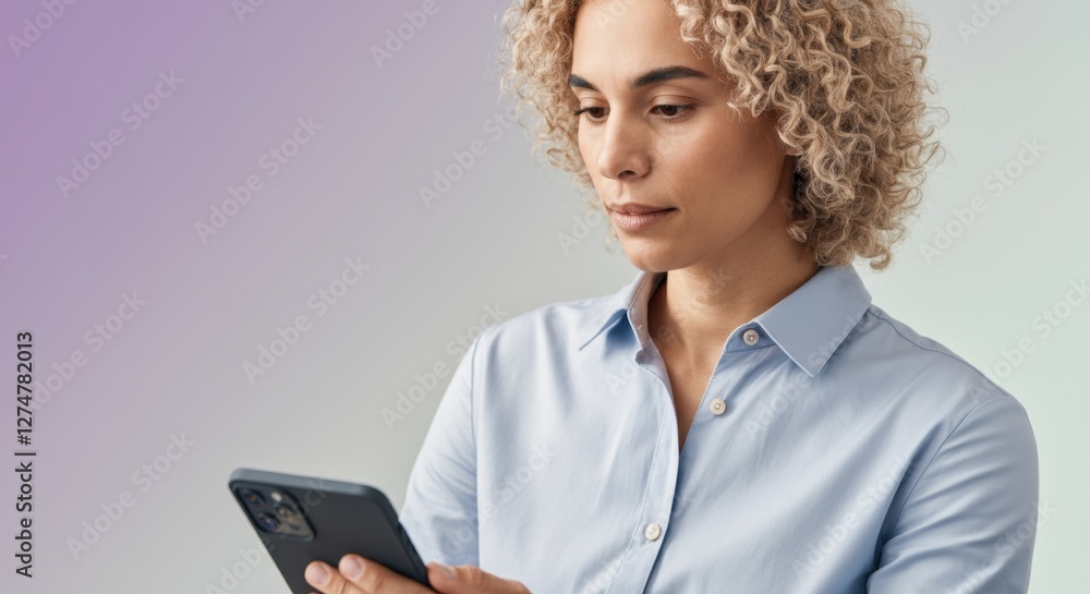Caucasian female adult with curly hair using smartphone Caucasian female adult with curly hair using smartphone