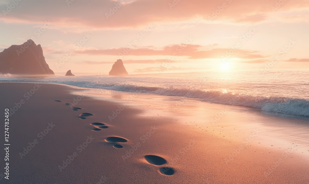 Serene beach scene with smooth footprints leading into the distance, accompanied by gentle waves lapping against the shore at sunset. Serene beach scene with smooth footprints leading into the distance, accompanied by gentle waves lapping against the shore at sunset.