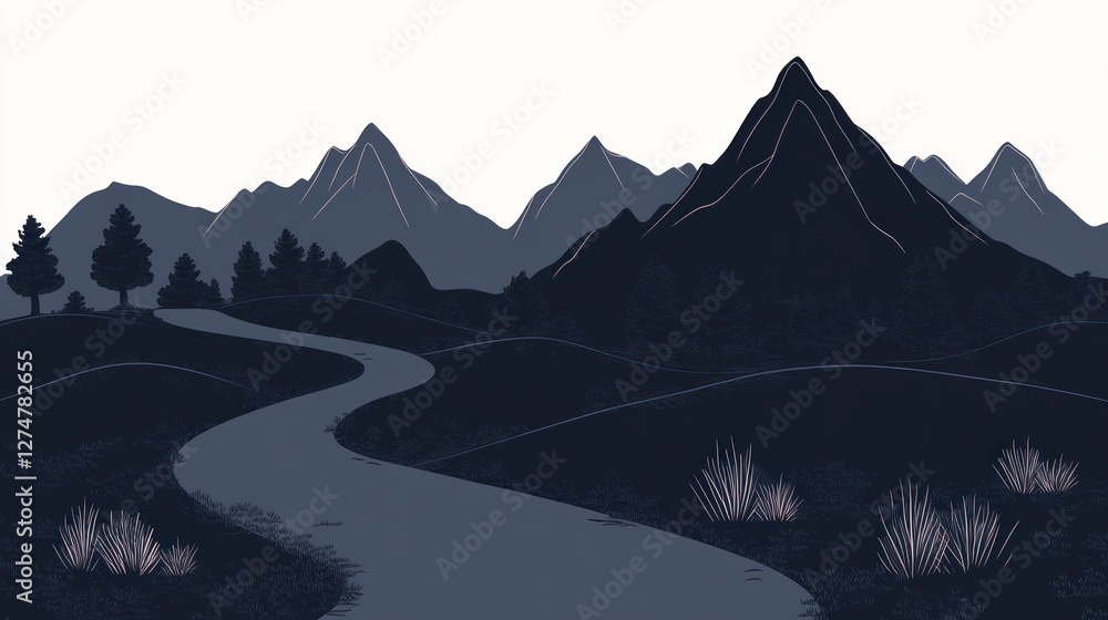 Naklejka premium Winding road, mountain landscape, dusk, travel brochure