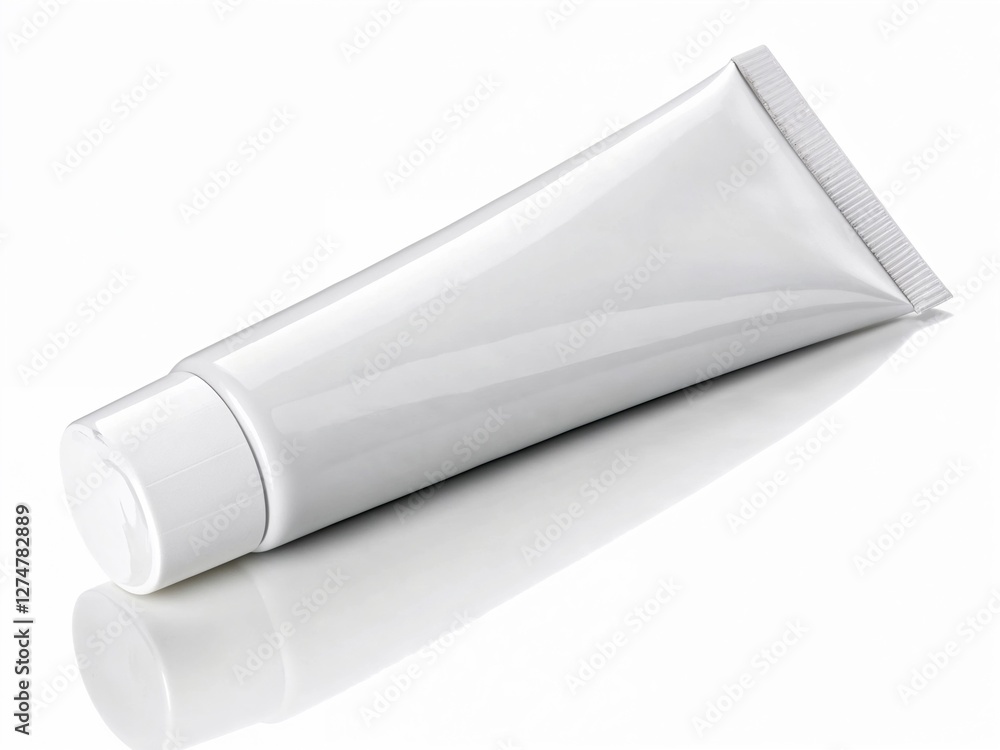 Glossy white squeeze tube with flip-top cap, clean mood, isolated on white surface, copy space Glossy white squeeze tube with flip-top cap, clean mood, isolated on white surface, copy space