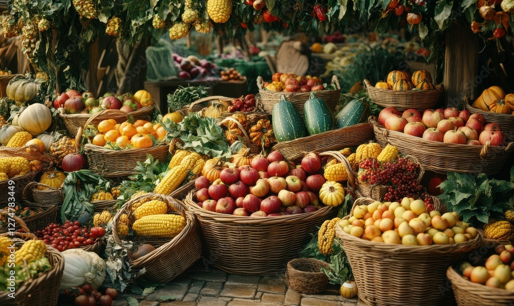 Overflowing baskets of fresh farm produce, including apples, squash, and corn, arranged in a cozy autumn setting. Overflowing baskets of fresh farm produce, including apples, squash, and corn, arranged in a cozy autumn setting.