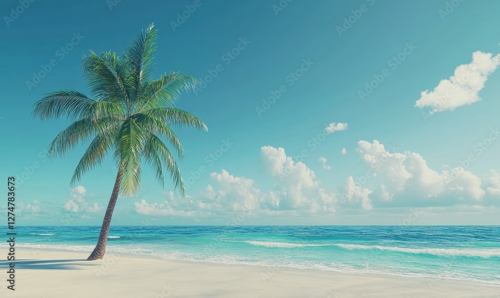 Tropical beach scene with a palm tree swaying against a crystal-clear blue sky and turquoise ocean waves. Tropical beach scene with a palm tree swaying against a crystal-clear blue sky and turquoise ocean waves.