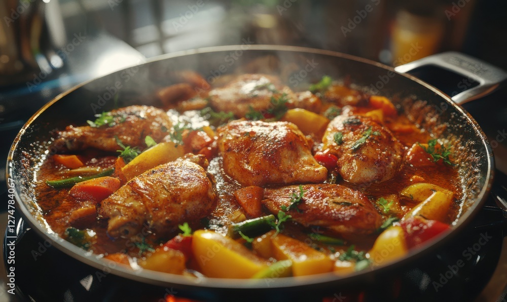 Pan of sizzling vegetables and chicken cooked with aromatic spices on a stovetop, creating a vibrant culinary experience. Pan of sizzling vegetables and chicken cooked with aromatic spices on a stovetop, creating a vibrant culinary experience.