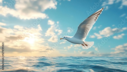 Bird flying over the ocean with glowing AR flight path tracker, vibrant sky, dynamic motion, photorealistic